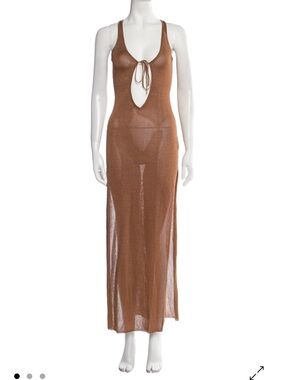 Aya Muse Brown Sheer Knit Maxi Dress with Front Tie